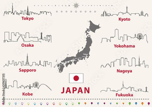 vector outline icons of Japan cities skylines with japanese flag and map