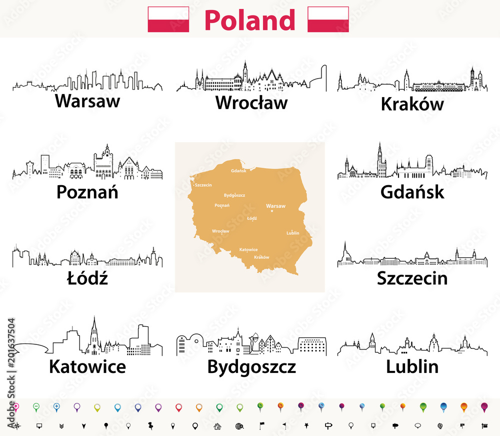 Obraz premium wektorowe ikony zarys miast Polski sylwetki na tle nieba z mapą Polski i flagą