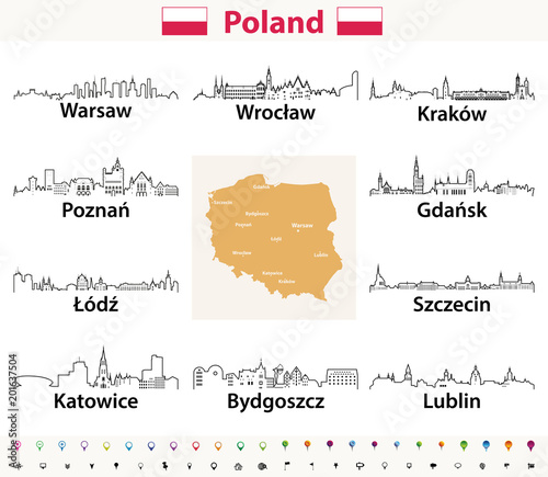 Fototapeta wektor zarys ikony miast Polski skylines z mapą i flagą Polski