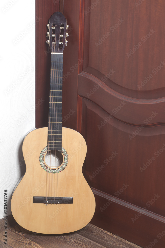 Obraz premium Acoustic guitar leaning against a wooden door