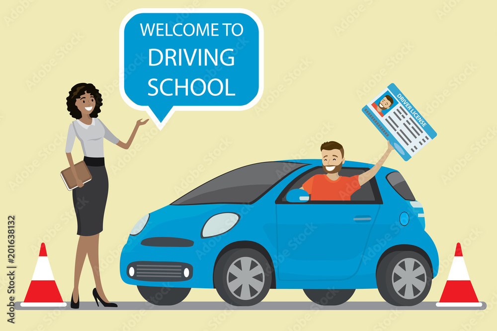 Male with driver license,African american female instructor with speech bubble Male with driver license,African american female instructor with speech bubble
