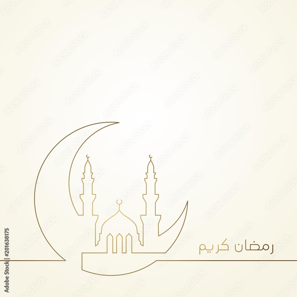 Ramadan Kareem continuous line greeting crescent islamic symbol with mosque silhouette Ramadan Kareem continuous line greeting crescent islamic symbol with mosque silhouette