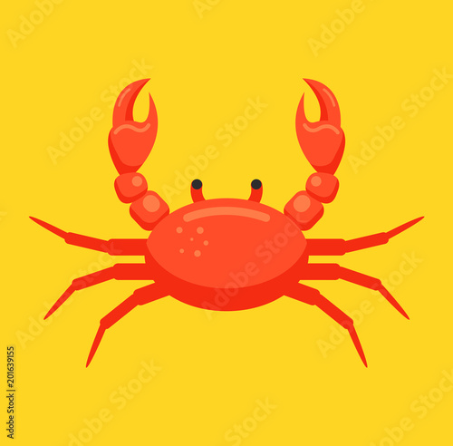 Red crab character on white background. Sea prepared food concept. Vector flat cartoon design graphic isolated illustration