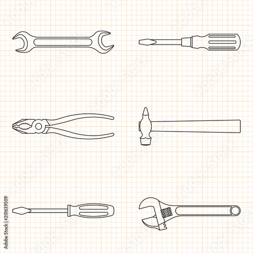 Tool for home repair on the background of the blueprint. Hammer, screwdriver, wrench, pliers. EPS10.