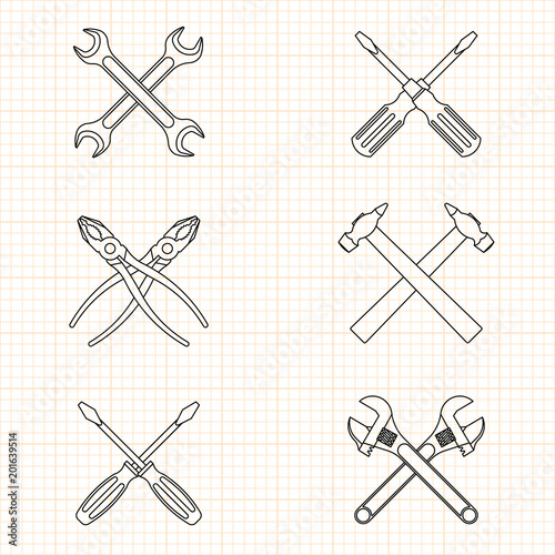 Tool for home repair on the background of the blueprint. Hammer, screwdriver, wrench, pliers. EPS10.