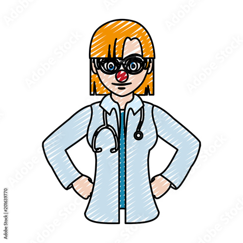 doodle woman doctor with clown nose and hairstyle