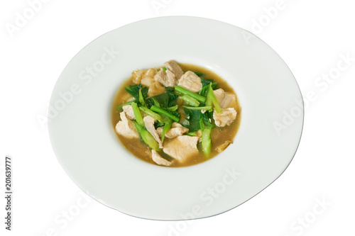Fried noodle with pork and broccoli on isolated white background top view, called in thai "Rad-na"