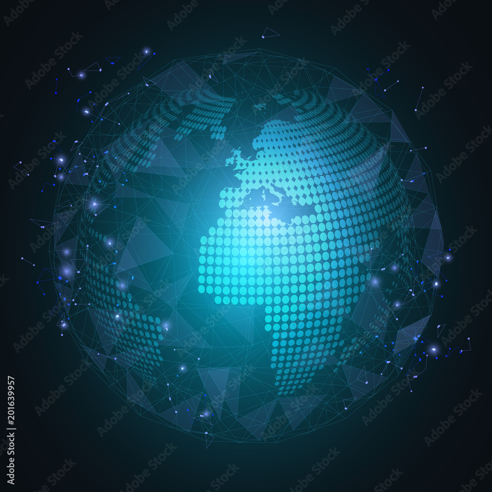 Global network connection. Glowing blue Mesh and line on dark background as business , technology and composition concept. Vector Illustration.