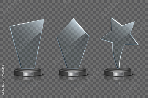Glass Award template set isolated on transparent background. Vector blank glass trophy award.
