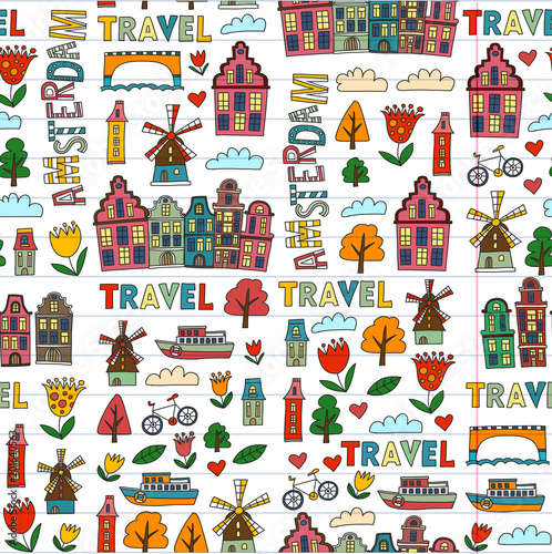 Vector pattern with Amsterdam city House  architecture  mill  tulip. Holland doodle icon