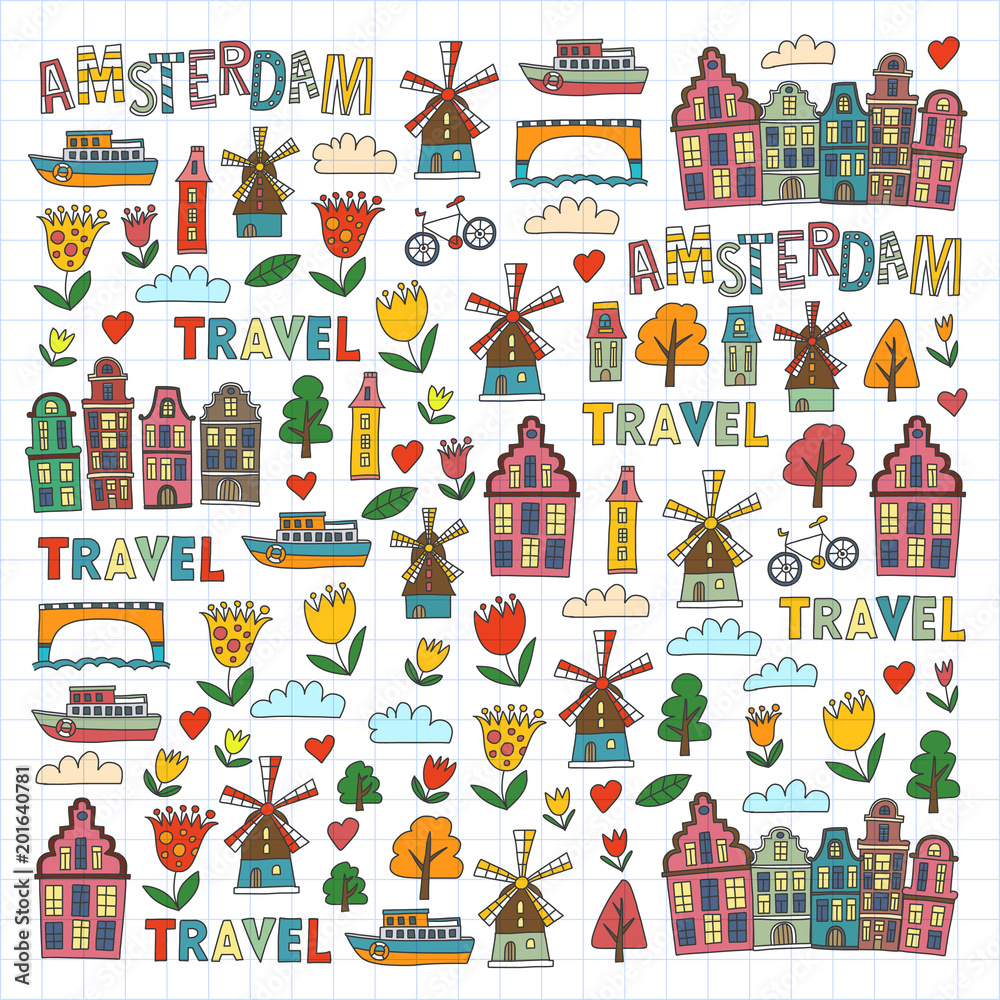 Vector pattern with Amsterdam city House, architecture, mill, tulip. Holland doodle icon