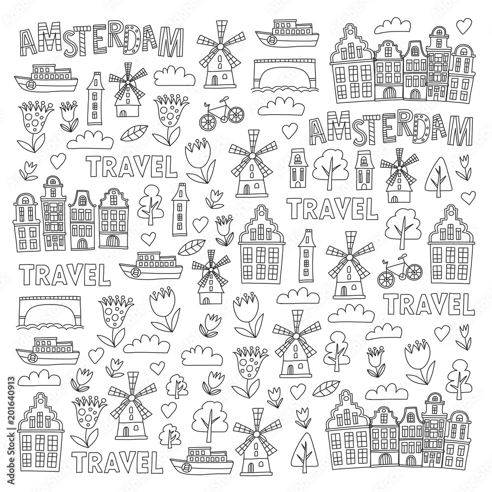 Vector pattern with Amsterdam city House, architecture, mill, tulip. Holland doodle icon