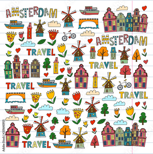 Vector pattern with Amsterdam city House, architecture, mill, tulip. Holland doodle icon