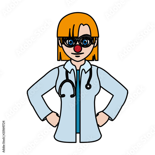 color woman doctor with clown nose and hairstyle