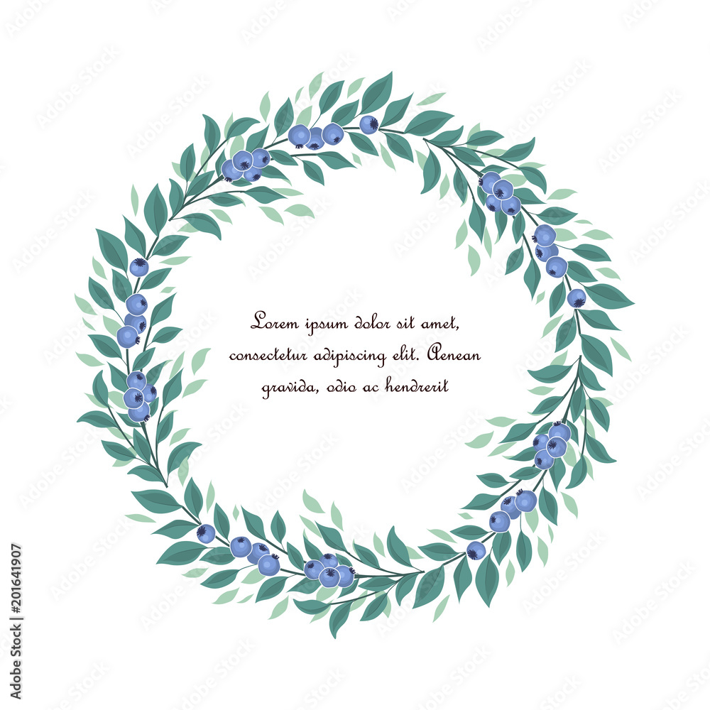 Vector illustration of blueberries fruit and leaves on a white background. Natural frame