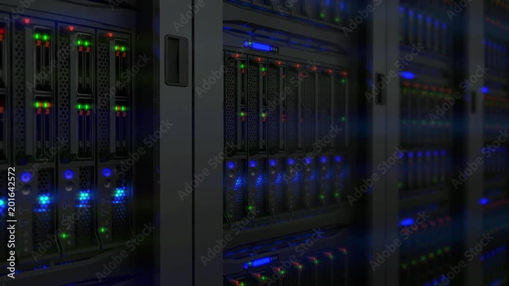 Lamps blinks on servers in modern data center. Loopable 3d animation, seamless loop