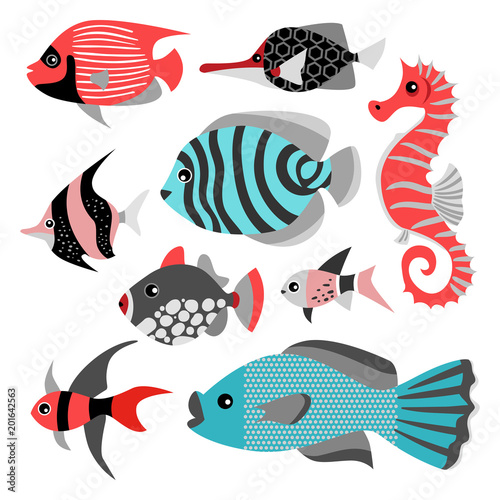 Set of vector illustrations of funny tropical fish.  Sea life. Cute isolated illustrations on white background