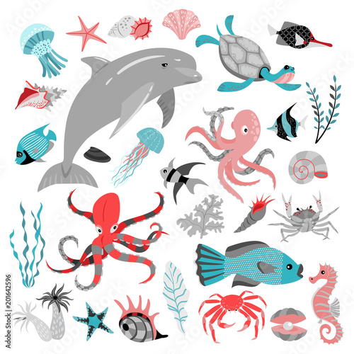 Set of vector illustrations of tropical fish, animal, seaweed and corals.  Sea life. Cute isolated illustrations on white background