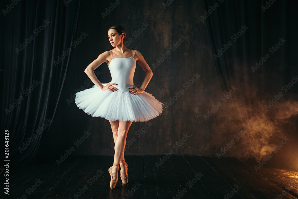 Naklejka premium Ballerina in white dress and pointe shoes dancing