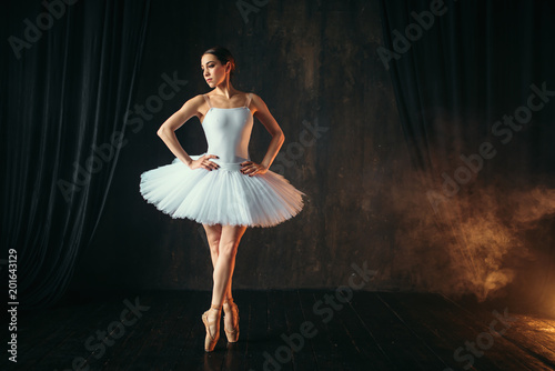 Ballerina in white dress and pointe shoes dancing