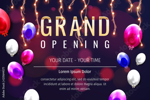 Grand opening invitation concept. Celebration design. Gold glitter letters on abstract background with light effect and bokeh. Grand opening invitation with neon style.