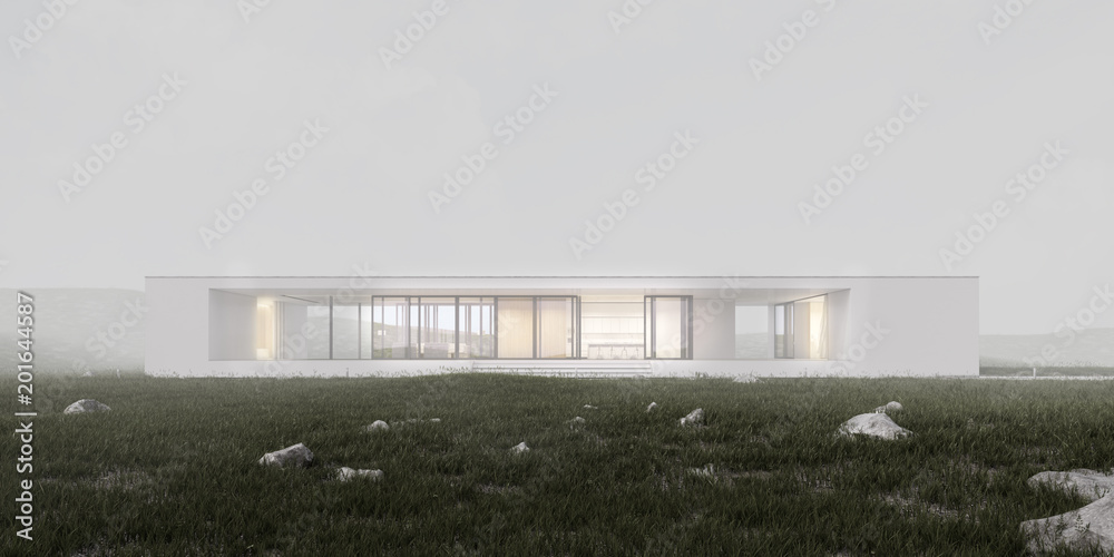 3D rendering of modern architecture with warm interior lighting and fog atmosphere on grass hill background,Concept of minimal design architectural. 3D rendering of modern architecture with warm interior lighting and fog atmosphere on grass hill background,Concept of minimal design architectural.