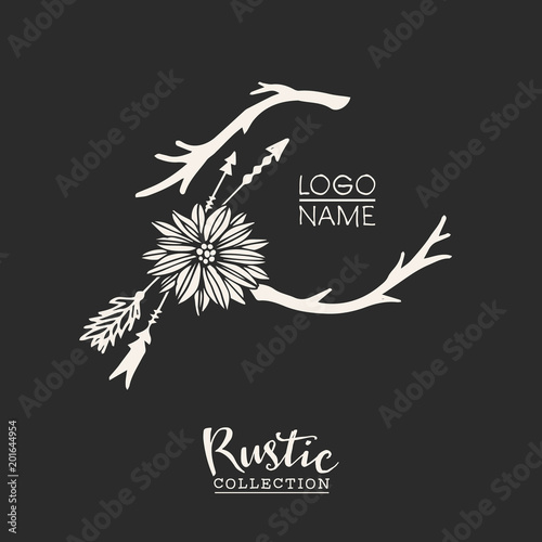 Rustic premade typographic logo design with flowers, branches and arrows. Hand drawn vintage vector design elements.