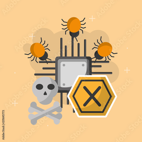 cyber security motherboard error skull danger bugs infected vector illustration