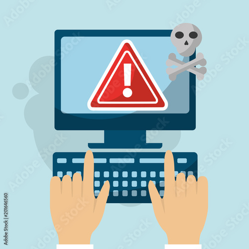hands typing keyboard computer error alert virus cyber security vector illustration
