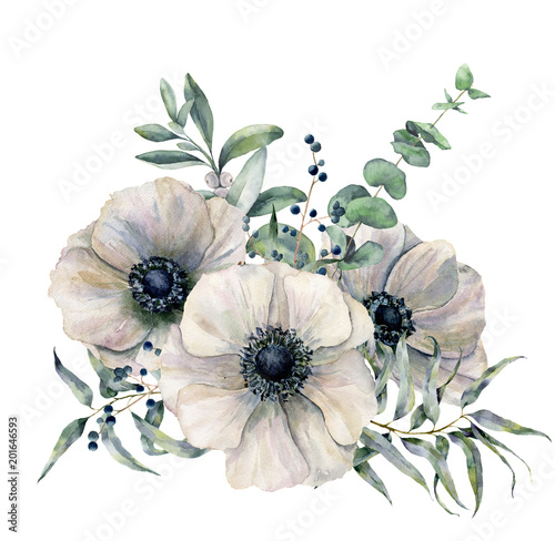 Obraz na plátne Watercolor white anemone bouquet
