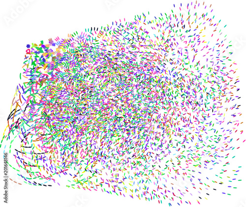 Abstract colored motion, particle or random shape pattern. Concept, background, dust & vector.
