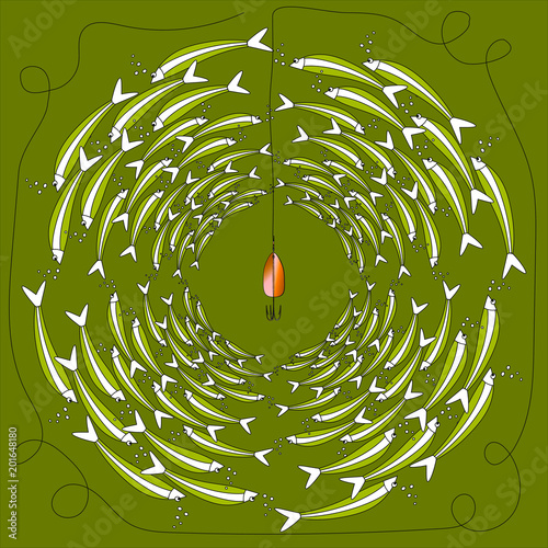 Vector pattern of fishing bait with fishes in the sea. Multicolor illustration whit flock of fish in a circular composition. Can be used in design interior, textiles, posters,logo for fishing club.