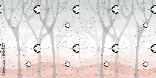 Beautiful wallpaper with mathematical graphs in form of leaves and flowers on autumn forest background in vector. Paper, wallpaper, fabric. Math as art.
