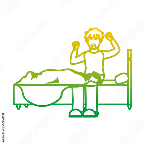 degraded line man walking up and yawning in the bed