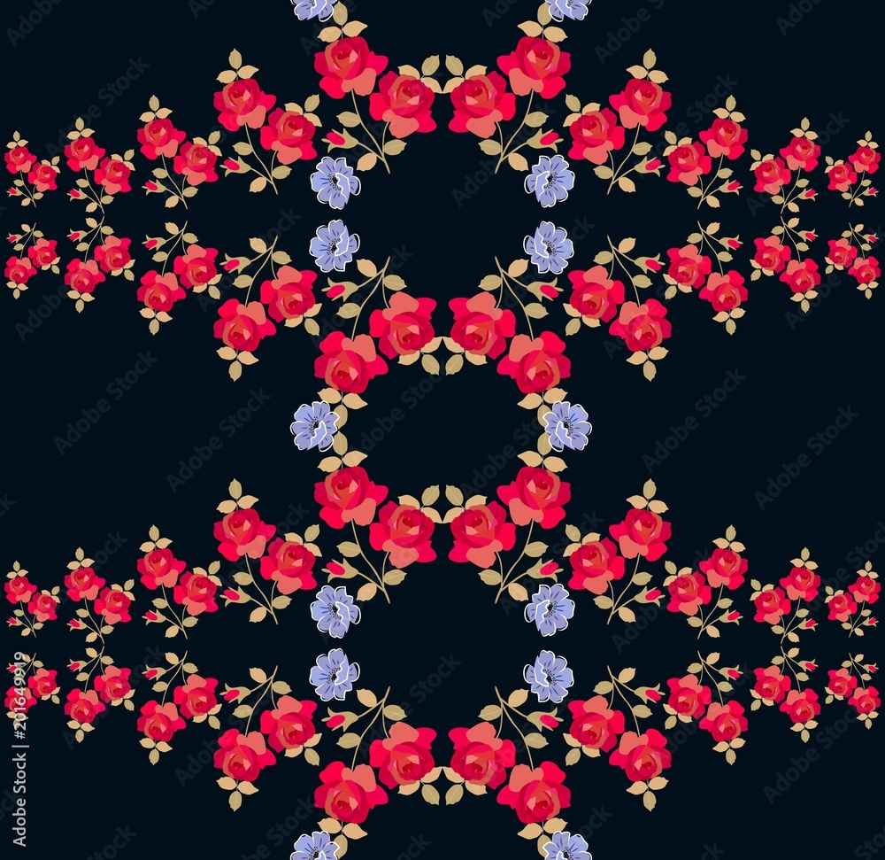 Seamless floral pattern with red roses and blue poppy flowers on black background. Print for fabric.