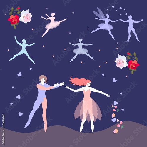 Romantic card with ballet dancers, flying fairies, flowers and hearts. Wedding invitation. Vector image.