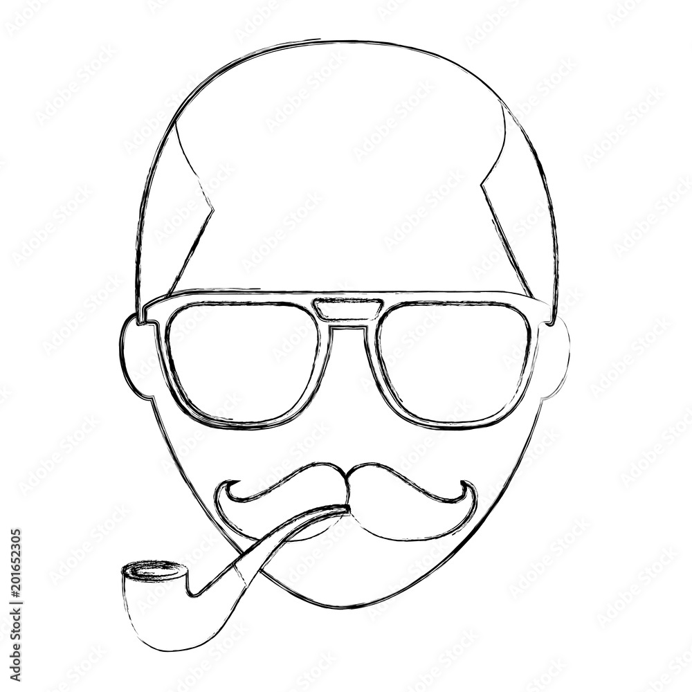 hipster face bald man mustache and eyeglasses smoking pipe vector illustration sketch hipster face bald man mustache and eyeglasses smoking pipe vector illustration sketch