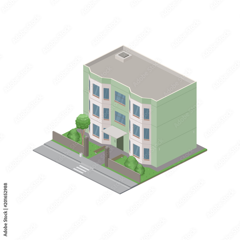 Isometric public residential building isolated on white background. City street 3D view. Object or icon for video game. Vector illustration.