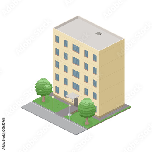 Isometric public residential building isolated on white background. City street 3D view. Object or icon for video game. Vector illustration.