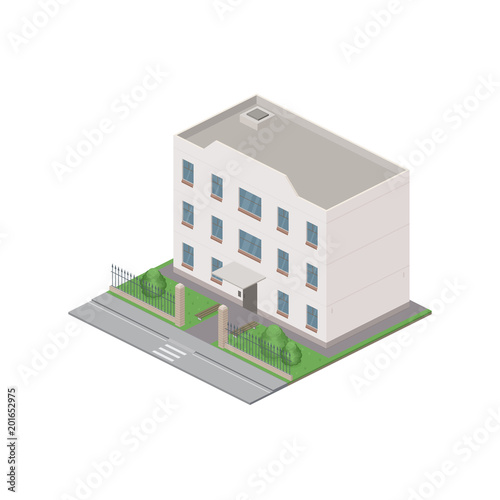 Isometric public residential building isolated on white background. City street 3D view. Object or icon for video game. Vector illustration.