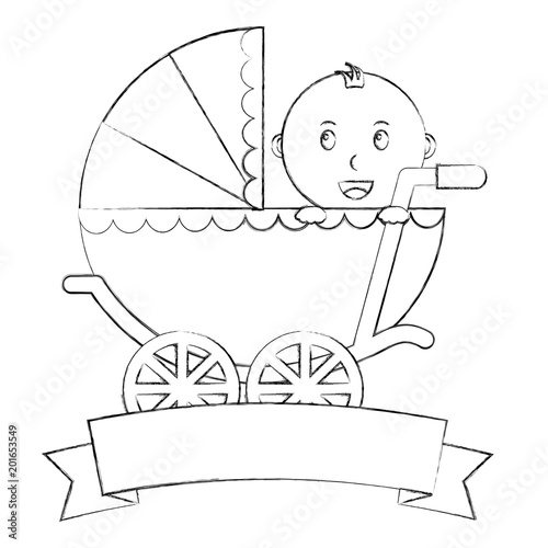 cute little boy in pram transport emblem baby shower vector illustration sketch