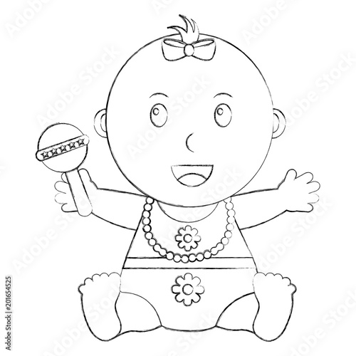 cute little baby girl holding toy rattle vector illustration sketch