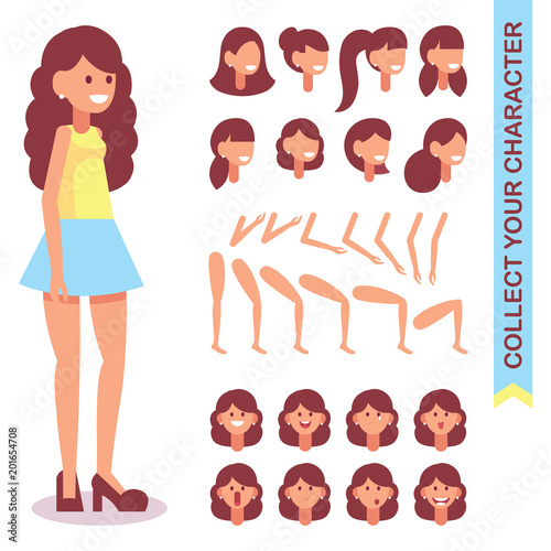 3 4 kind of animated character. Designer-designer of a young girl with different kinds, emotions of the face, body parts and hairstyles. Cartoon style, flat vector illustration photo