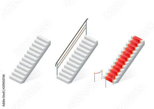 Staircase set isolated on white background. Stairway for exterior or interior. Vector illustration.
