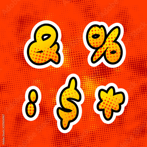 Bright colorful retro comics font with halftone pattern, vintage special characters on red