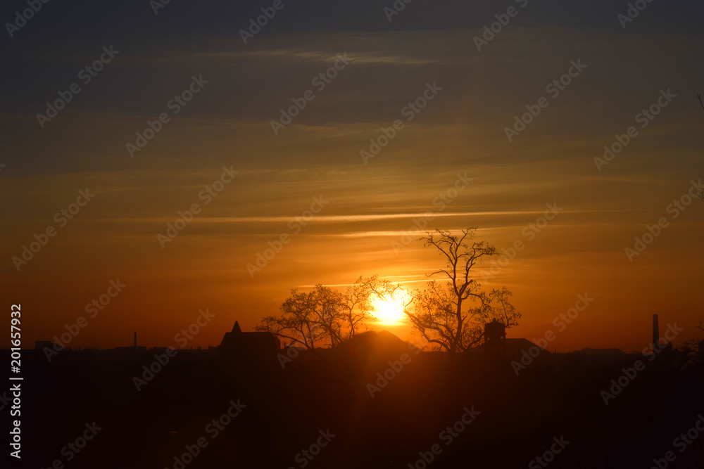 Natural Sunset Sunrise Over Field Or Meadow.