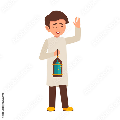 Cartoon Moslem boy celebrating Ramadan with a beautiful burning lamp in his hand. Vector illustration isolated from white background