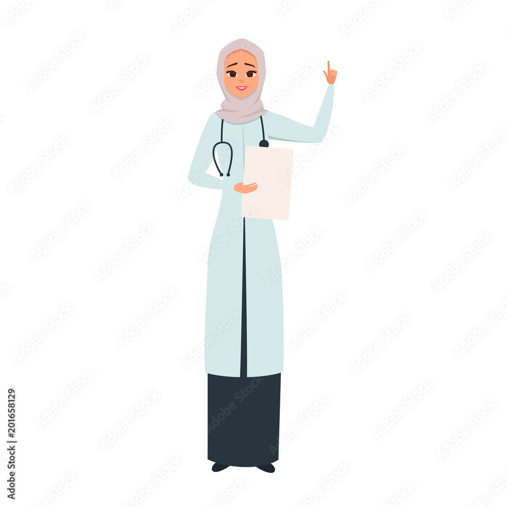 Cartoon Arab medical woman character with documents. Vector Smiling doctor  in hijab with her hand up as a sign of attention. Young Arabic nurse  wearing the uniform with phonendoscope Stock Vector |