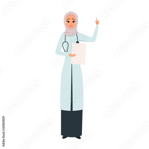 Cartoon Arab medical woman character with documents. Vector Smiling doctor in hijab with her hand up as a sign of attention. Young Arabic nurse wearing the uniform with phonendoscope