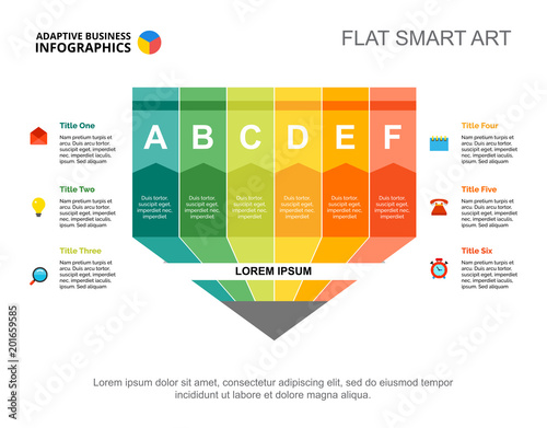 Six colors pencil process chart template for presentation. Vector illustration. Elements of diagram, graph, infochart. Project, production, business or marketing concept for infographic, report.